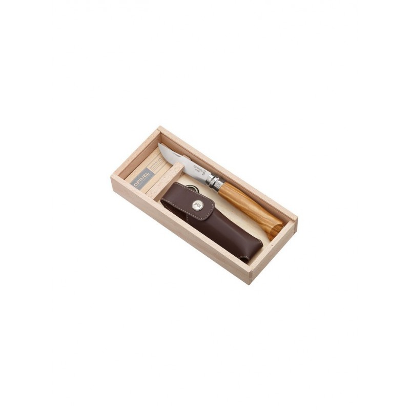 Opinel peilis Nr.8 alyvmedžio rankena su dėklu medinėje dėžutėje